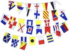 a bunch of flags that are hanging from a line on the wall in front of a white background