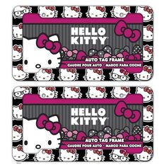 two hello kitty luggage tags on top of each other, with the words hello kitty