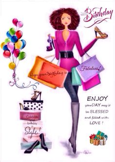 a birthday card with a woman holding shopping bags