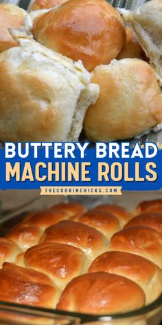 buttery bread machine rolls in a glass baking dish with the words buttery bread machine rolls