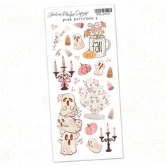 the stickers are all different shapes and sizes, but one is white with pink flowers