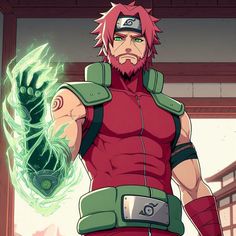 an anime character with red hair and green eyes holding a large object in his hand