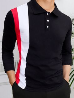 Playera Hombre Tipo Polo Manga Larga Moda Franjas Negro Casual  manga larga  Color combinado,A rayas   Otoño,Primavera Men Clothing, size features are:Bust: ,Length: ,Sleeve Length: Men's Clothing, Length Sleeve, Polo Shirt, Sleeve Length, Mens Outfits, Mens Tops