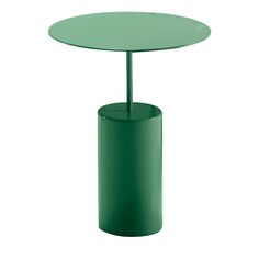 a green table with a round top and metal base