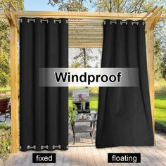 an open patio door with black curtains and the words windproof fixed floating on it