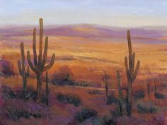 a painting of desert with cactus trees and mountains in the background