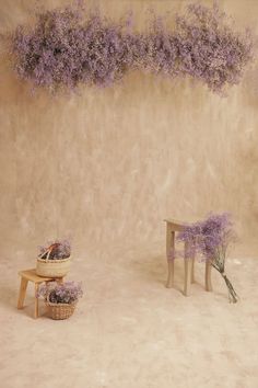 two small wooden benches with purple flowers hanging from the ceiling and one bench in front of them