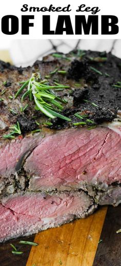 a piece of steak on a cutting board with rosemary sprigs and text overlay