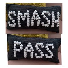 two black and white crocheted pillows with the word paris on them, one is made out of beads