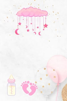 pink and gold baby shower wallpaper with stars, clouds, moon and footprints