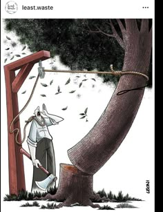 a cartoon depicting a man hanging on to a tree