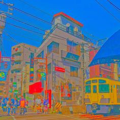 an image of people walking down the street in front of a yellow train and some buildings