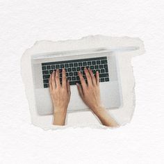 a person typing on a computer keyboard in front of a white background with torn paper