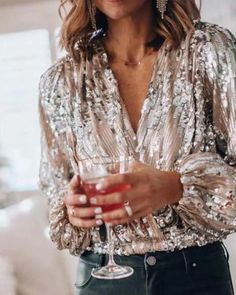 Blouse Necklines, Beaded Shirt, Sequin Decor, Sequin Blouse, Sequin Shirt, Women Shirts Blouse, V Neck Blouse, Basic Tops, Sleeves Pattern