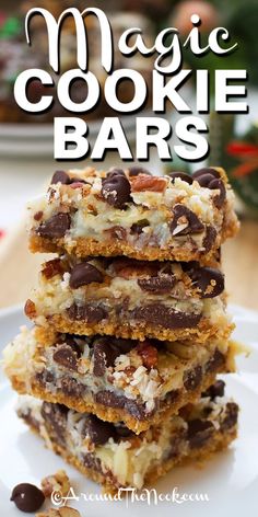 chocolate chip cookie bars stacked on top of each other with the words magic cookie bars above them