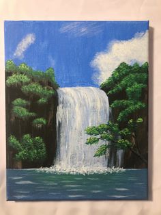 a painting of a waterfall with trees and water