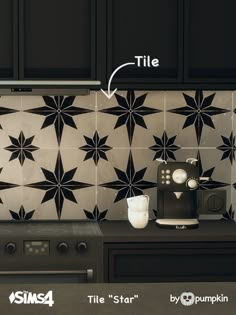 a black and white tile backsplash in a kitchen with the words tiles below it