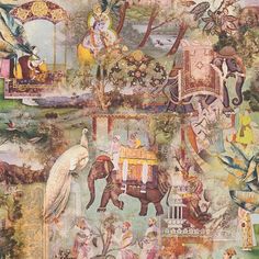 an artistic painting with many different people and animals on it's sides, including elephants