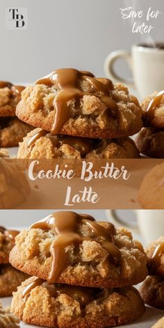 two pictures of cookies with chocolate icing on them and the words cookie butter latte