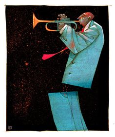 a man in a blue suit playing a trumpet