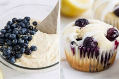 blueberry cupcakes with cream cheese frosting and fresh berries