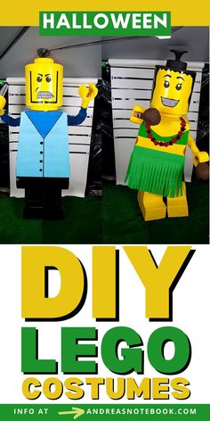 two legos are dressed in costumes and one is wearing a costume that says diy lego costumes