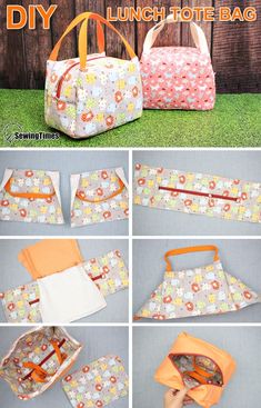 the instructions for how to make an easy lunch tote bag with pockets and handles