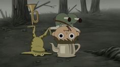 two cartoon characters standing in the woods with one holding a trumpet and another looking at something