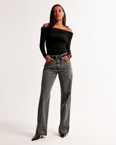 Our classic high rise early 2000's-inspired jeans in a dark grey wash with a clean hem. This fit features a 10.5” high rise, is relaxed at the waist and hips, with a loose, full-length leg shape. This jean is made from our lightweight rigid denim, a super soft authentic cotton fabric with no stretch. Women's Bottoms, Loose Jeans, Grey Wash, Athletic Fits, New Arrival Dress, Swimwear Accessories, Abercrombie Fitch, Fashion Inspo Outfits, Dark Gray