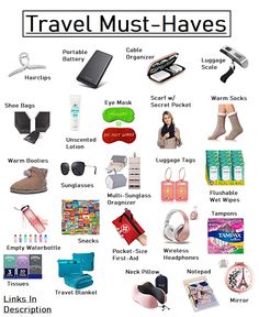 travel must - haves poster with various items