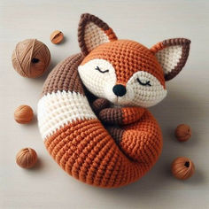 an orange and white crocheted stuffed animal sleeping on top of balls of yarn