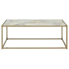 a marble top coffee table with gold frame and metal legs, against a white background