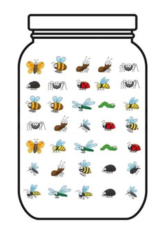 a jar filled with lots of different types of bugs and bees on it's side