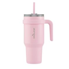 thermos travel mug with handle and lid in pink is shown on a white background