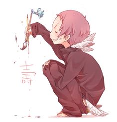 an anime character with pink hair and angel wings kneeling down holding a knife in his hand