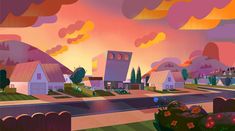 an animated city scene with houses and clouds in the sky at sunset or sunrise time