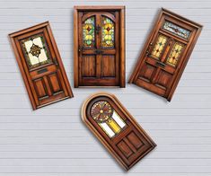 four wooden doors with stained glass windows on each side and an arched window in the middle