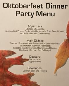 the menu for an oktoberfest dinner is displayed in front of a white background