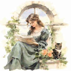 a watercolor painting of a woman sitting on a bench reading a book next to a cat