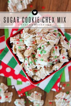 sugar cookie chex mix in a red bowl