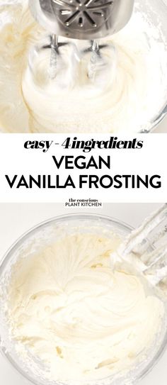 the ingredients for vegan vanilla frosting in a blender with text overlay