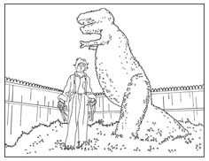 a man standing next to a large dinosaur in front of a fenced in area