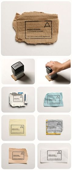 several different types of business cards and envelopes are shown in this image, including one with