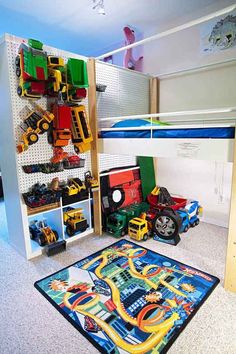 a room with toys on the floor and shelves