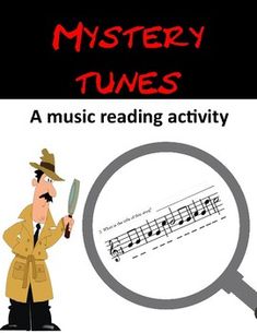 a man holding a magnifying glass with music notes on it and the words mystery tunes below