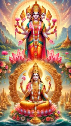 the hindu god and goddess sitting on lotuses in front of a body of water