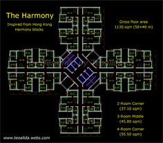 the harmony floor plan with three floors and four rooms, all in different colors on black background