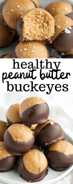 healthy peanut butter buckeyes on a white plate with chocolate covered cookies in the background