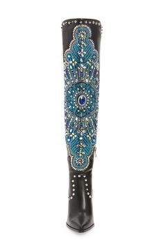 Mixed jewel embellishments shimmer and shine on a captivating boot balanced by a pointy toe and architectural block heel. 3 3/4" heel Side zip closure Synthetic upper, lining and sole Imported Asian Owned/Founded Bling Boots, Closed Toe Heel, Boot Bling, Closed Toe Heels, Crystal Belt, Pinterest Ideas, Shimmer And Shine, Chic Leather