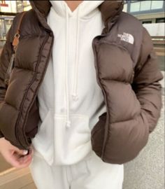 Puffer Jacket Outfit Aesthetic, Brown North Face Puffer, Brown North Face, Brown Puffer Jacket, North Face Puffer Jacket